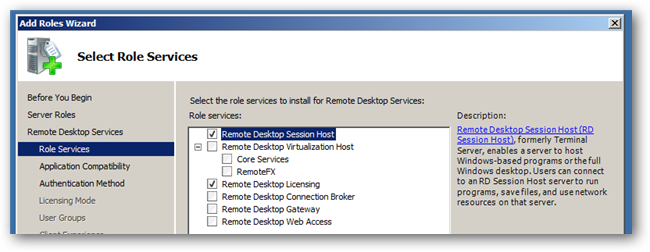 Sélection des services de rôle Remote Desktop