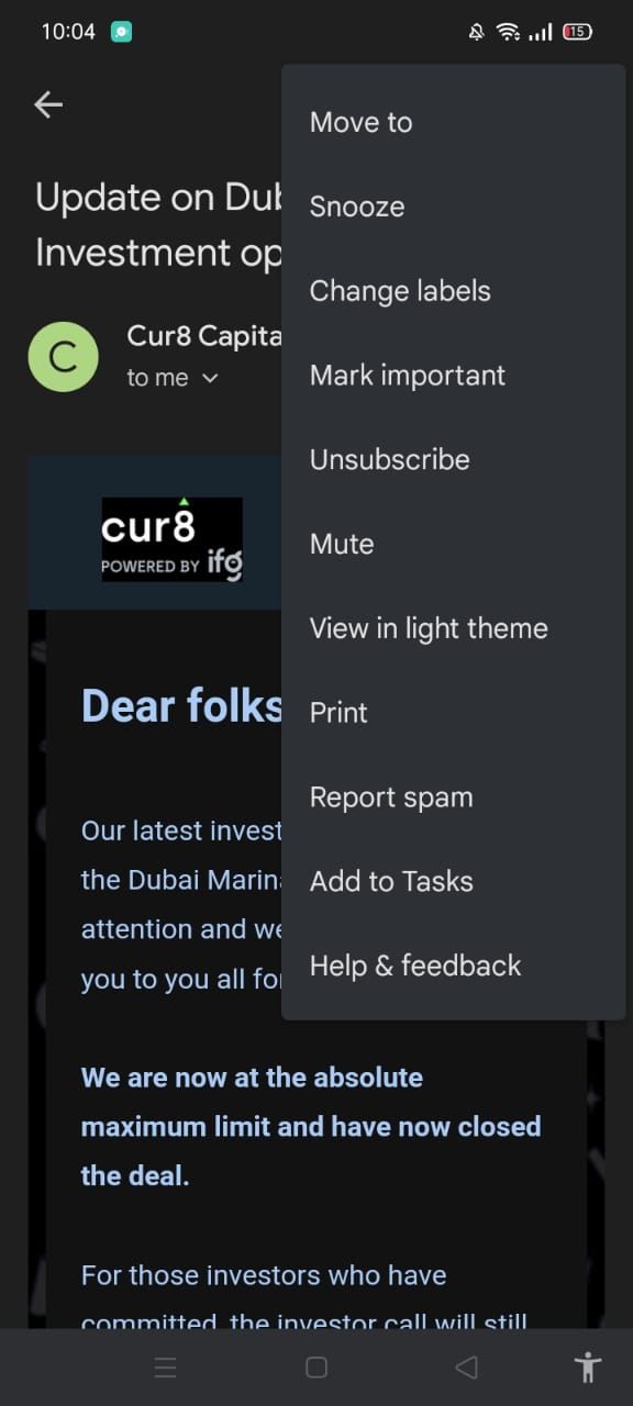 Опция отписки в мобильном приложении Gmail