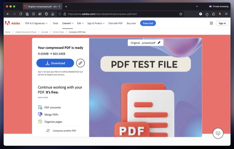 Кнопка Скачивания после сжатия в Adobe Acrobat