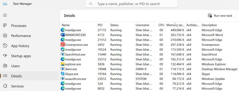 Просмотр процессов в Task Manager на Windows
