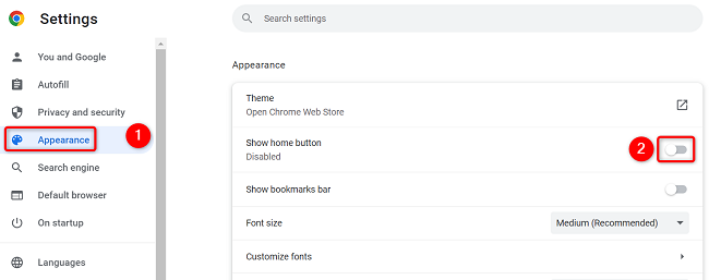 Параметр «Показать кнопку Домой» в настройках Chrome.