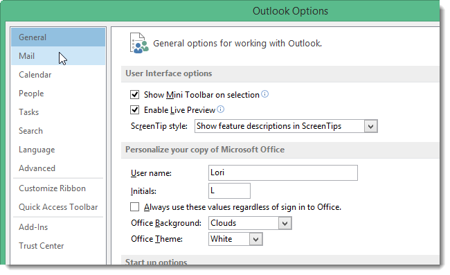 Раздел Почта в параметрах Outlook