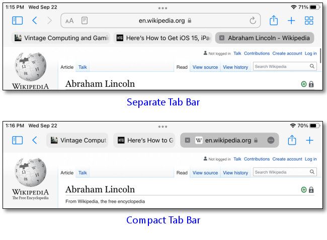 Пример отображения отдельной панели вкладок и компактной панели вкладок в Safari на iPad