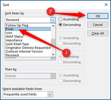 Иллюстрация изменения сортировки по отправителю в списке писем