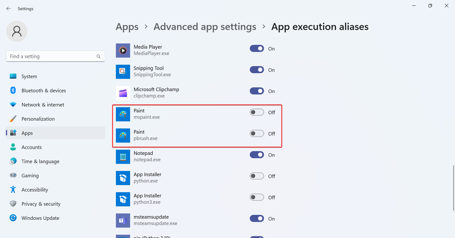Отключите псевдонимы запуска mspaint.exe и pbrush.exe