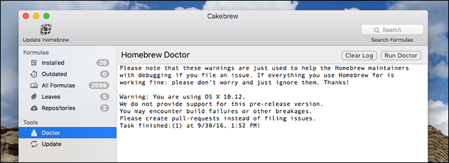Инструмент Doctor в Cakebrew показывает диагностические сообщения и советы