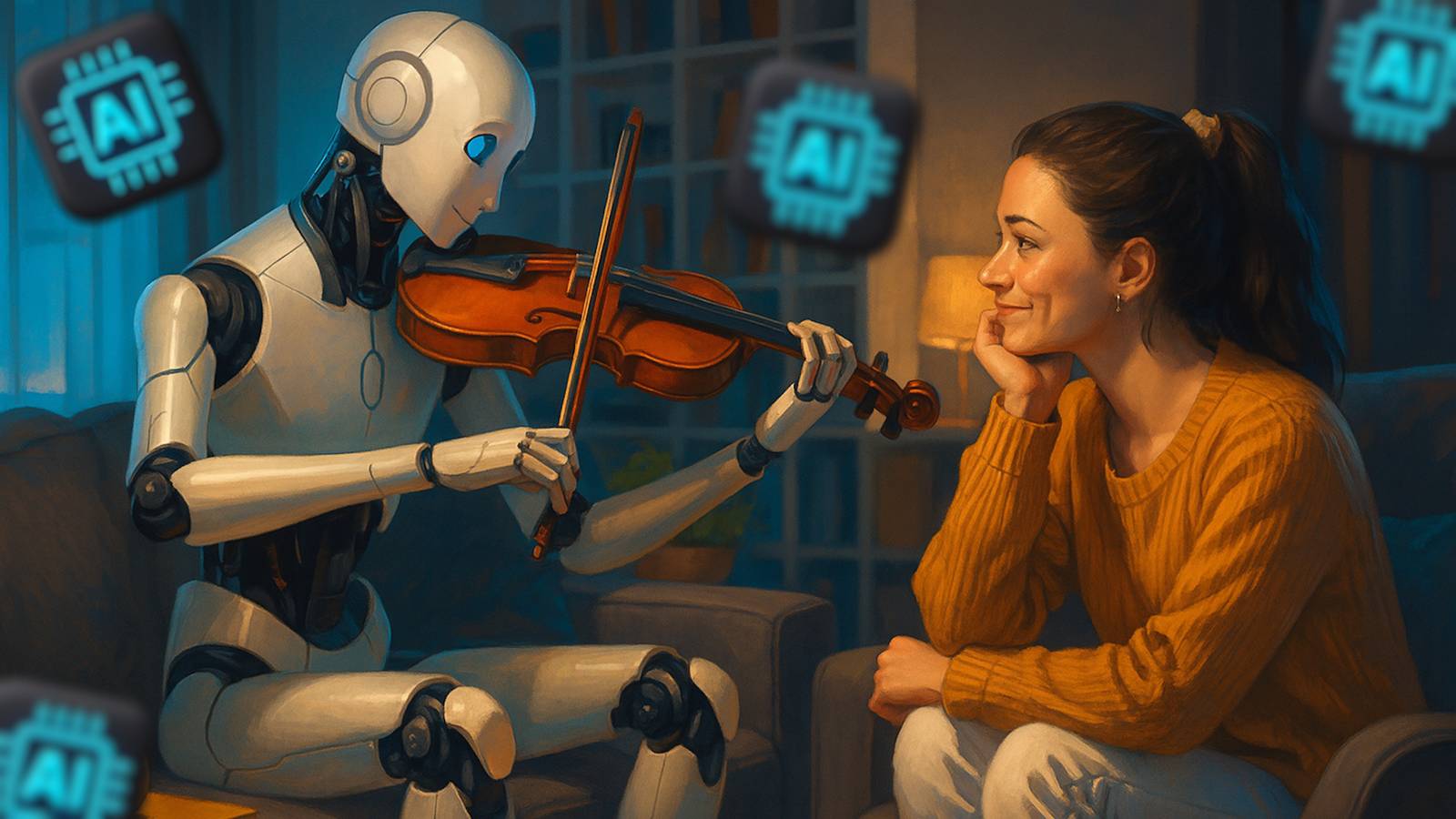 ai robot playing music to woman in living room.