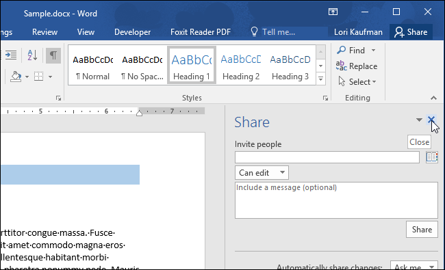 Закрытие панели «Поделиться» в Word