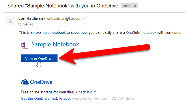 Письмо-приглашение с ссылкой Открыть в OneDrive