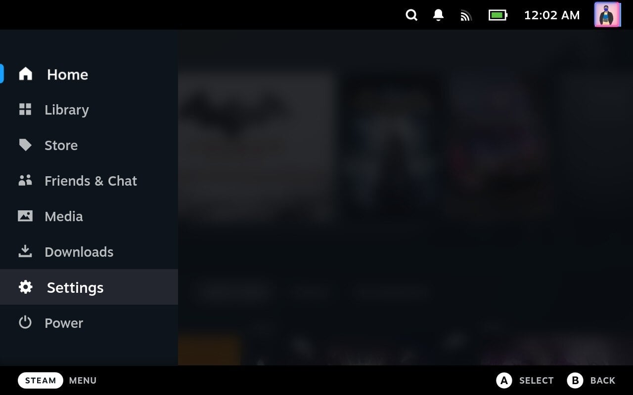 Меню STEAM на Steam Deck с пунктом Настройки выделенным