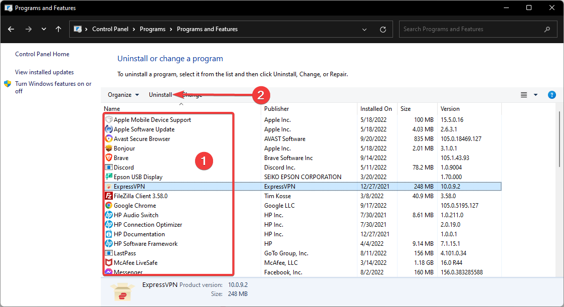 Удаление DisplayLink Core через Программы и компоненты в Панели управления