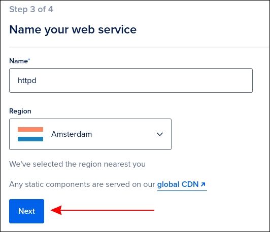 Выбор региона и имени приложения