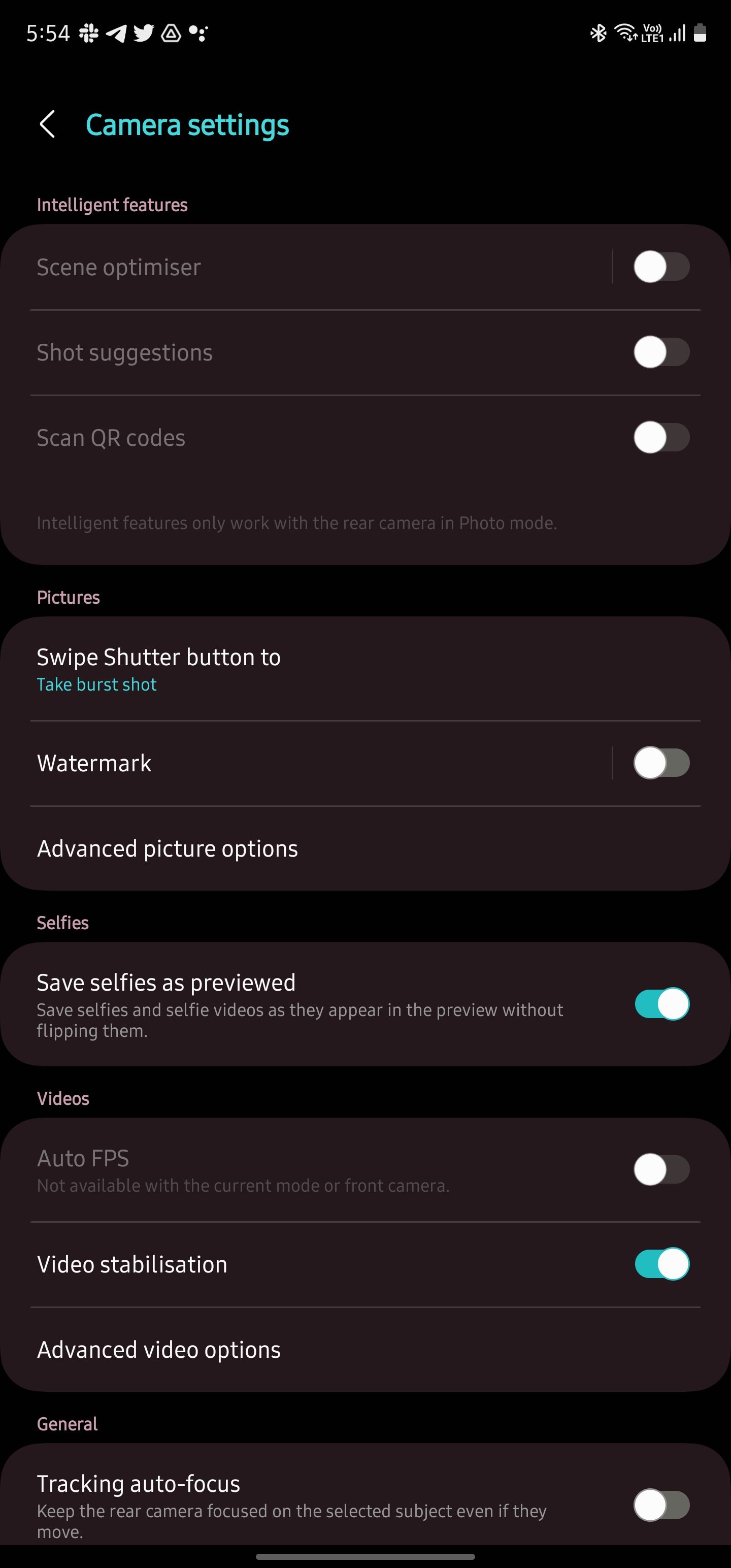 Меню настроек приложения Камера Samsung