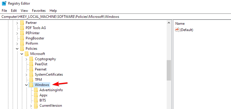 Путь реестра HKEY_LOCAL_MACHINESOFTWAREPoliciesMicrosoftWindows