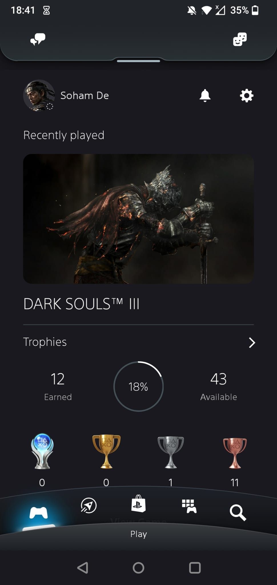 The starting area of the Play section on the PS App on Android