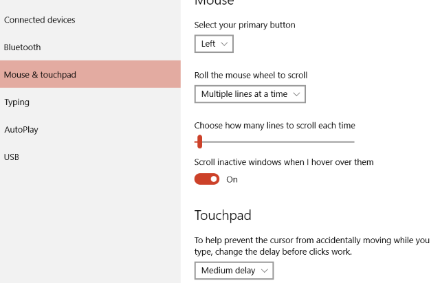 Экран настроек без поддержки точного тачпада
