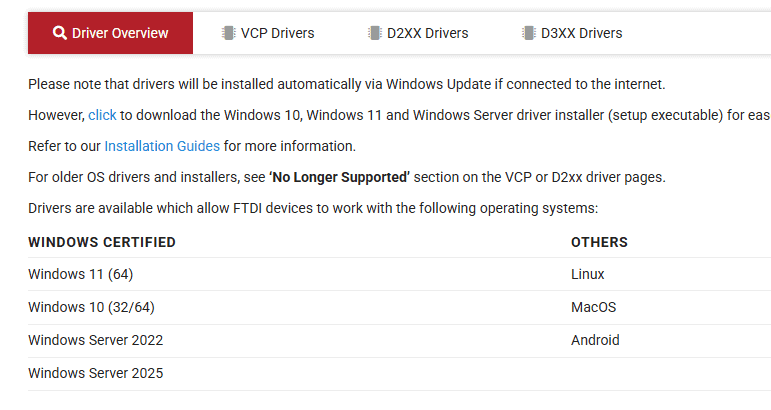 Página de descarga del driver FT232R USB
