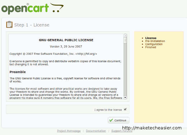 Стартовая страница установщика OpenCart