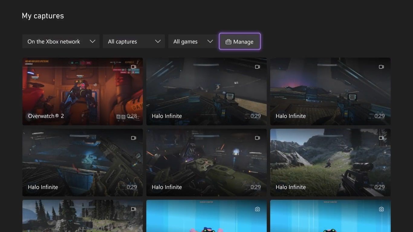 Скриншот главного меню приложения Xbox Captures с выделенной командой Manage