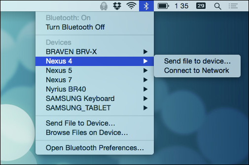 Меню Bluetooth в строке меню OS X с опцией отправки файла