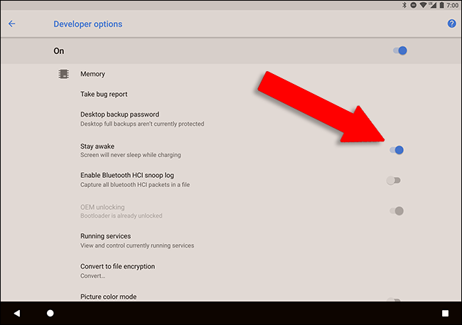 Параметр Stay Awake в настройках разработчика Android