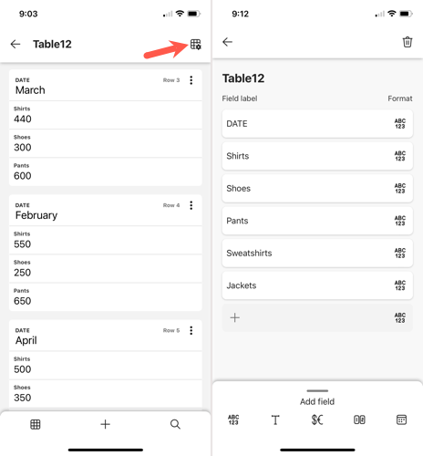 Иконка настроек таблицы для доступа к полям данных
