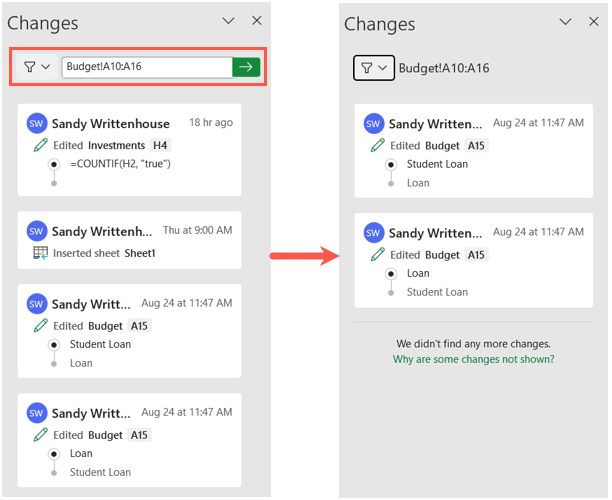 Фильтрация по диапазону для Показать изменения