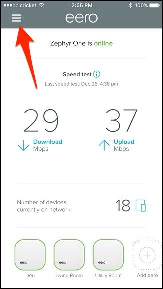 Главное меню приложения Eero — кнопка меню в левом верхнем углу