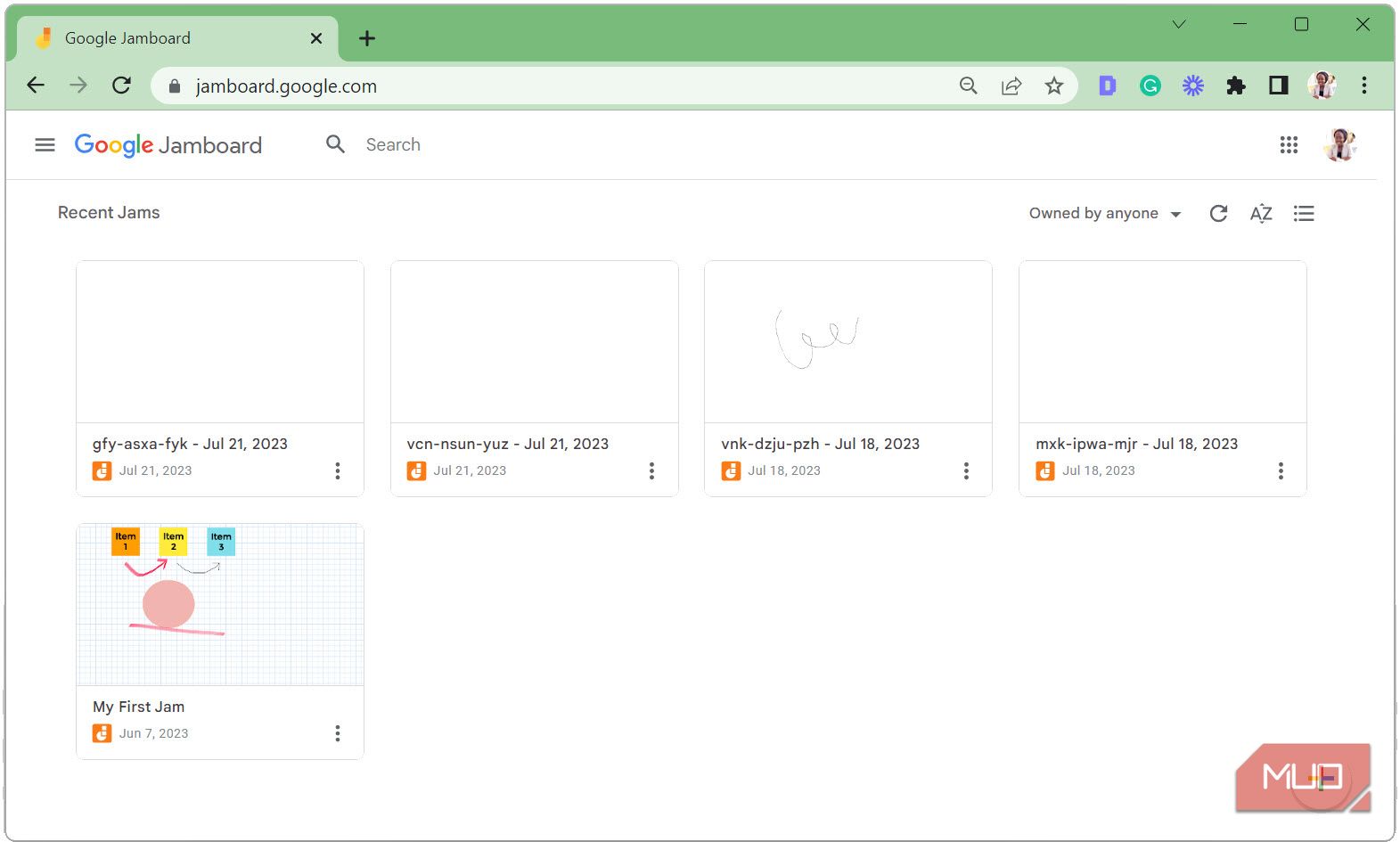Домашняя страница Google Jamboard с доступными файлами