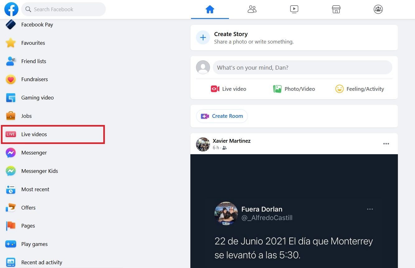 Раздел Facebook Live в навигации