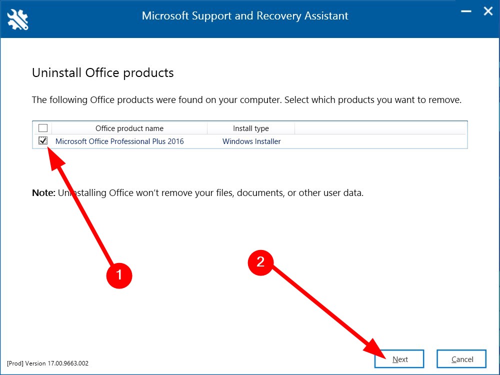 Выбор версий Office для удаления