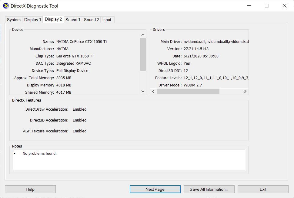 Информация о версии драйвера NVIDIA в DirectX Diagnostic Tool
