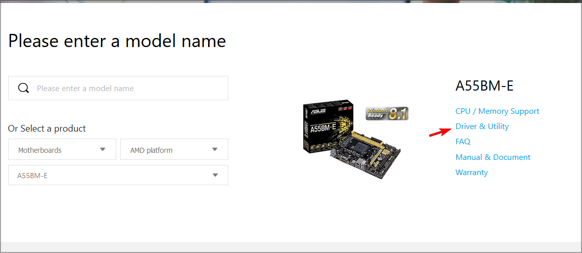 Панель загрузки драйверов на сайте производителя