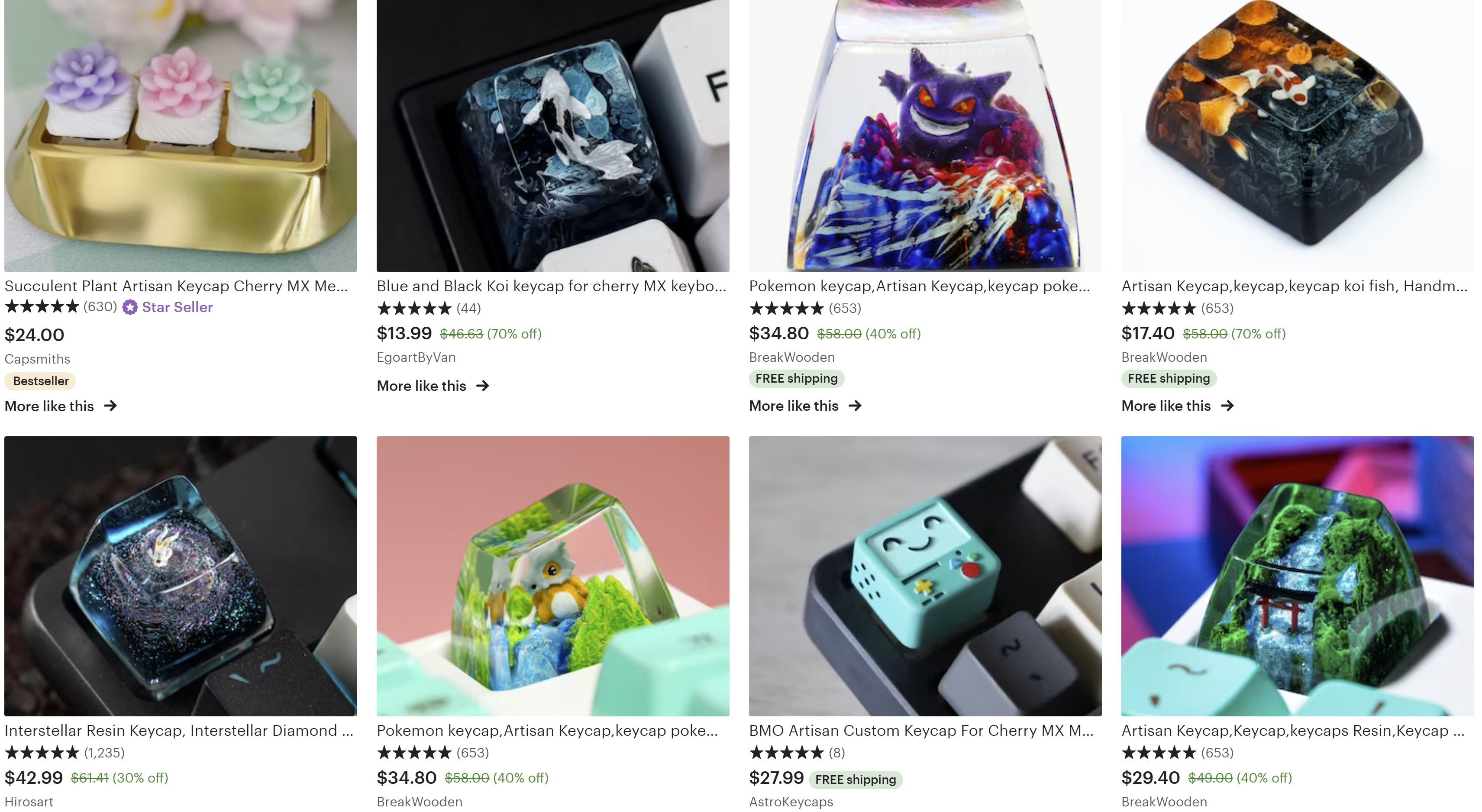 разнообразные артезианские кейкапы с покрашенными элементами и тематикой покемонов