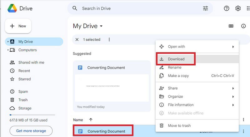Выбор документа в Google Drive и запуск загрузки для конвертации в Word.