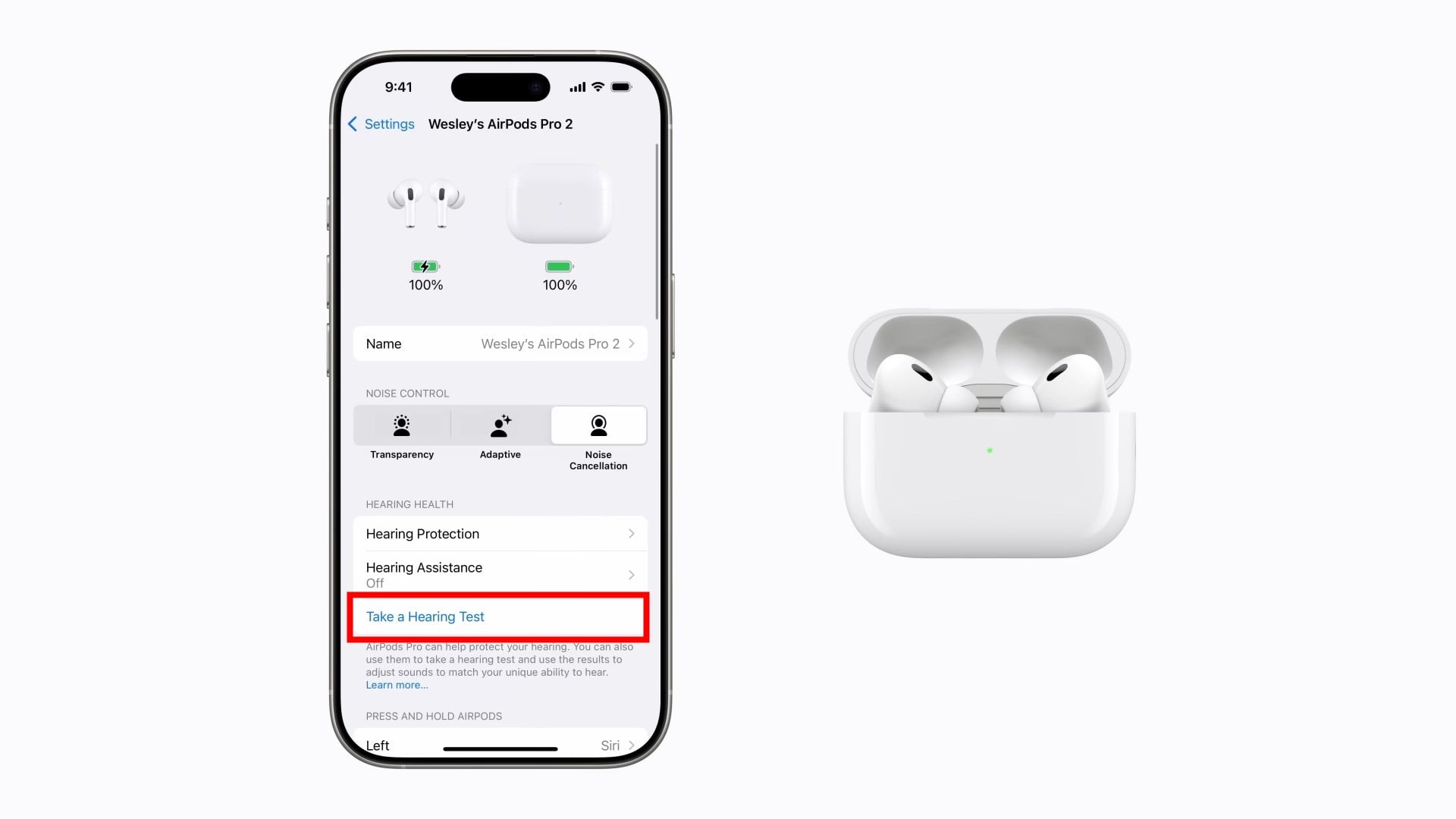 Кнопка пройти тест слуха в настройках AirPods Pro 2