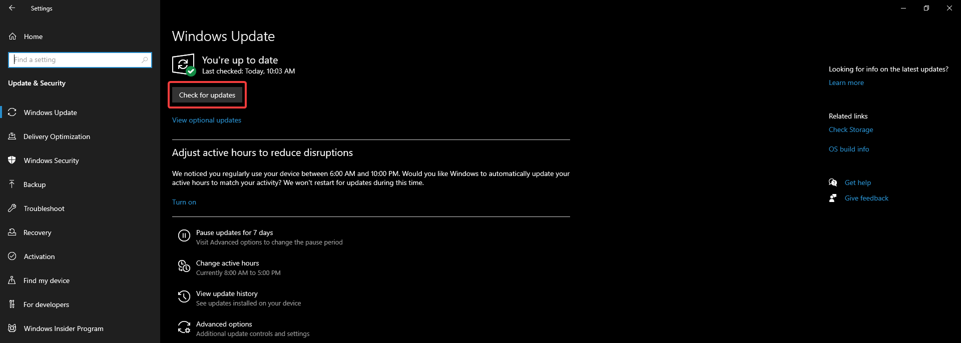 Кнопка «Проверить наличие обновлений»