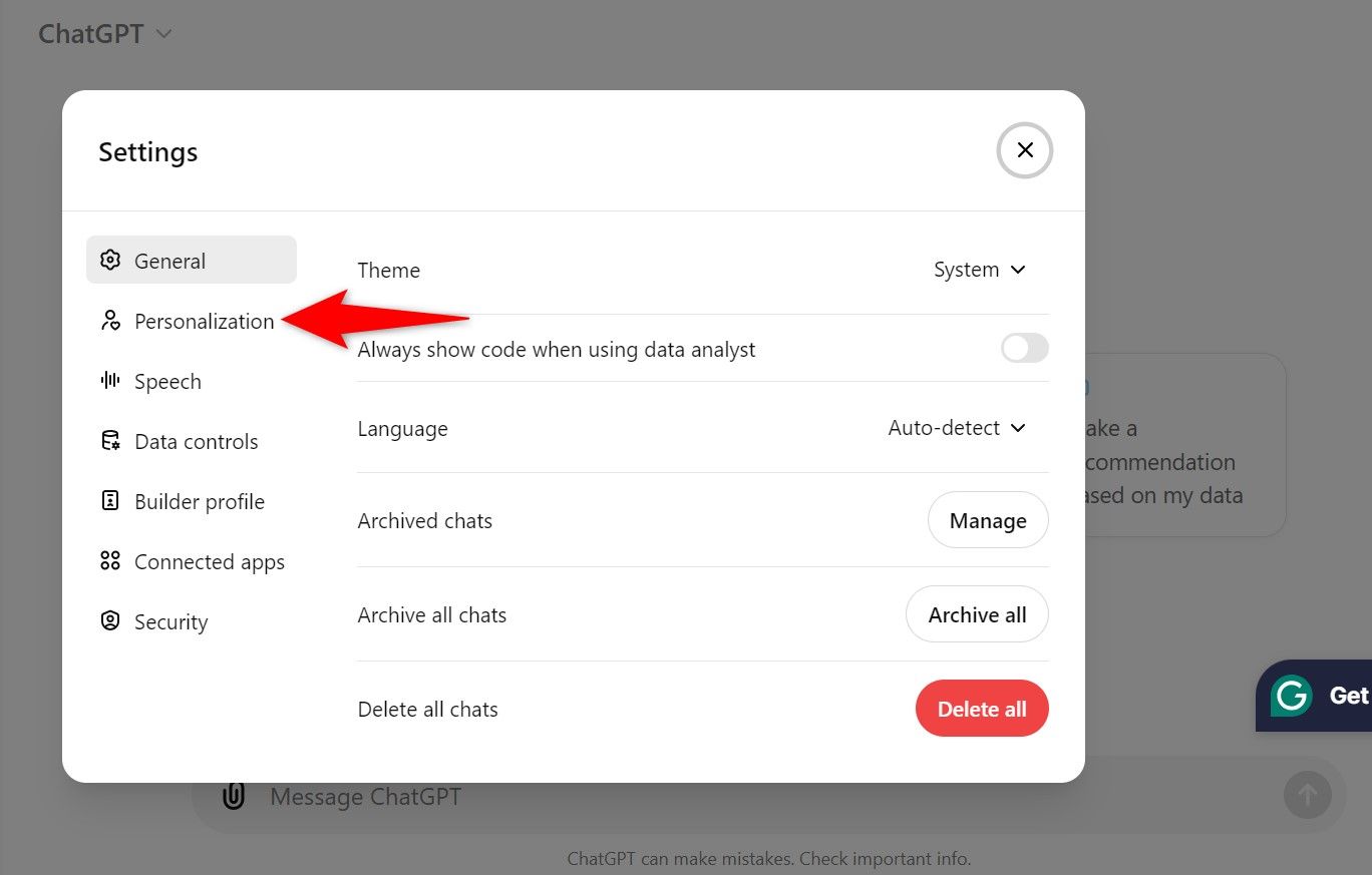 Выделена опция 'Personalization' в настройках ChatGPT.