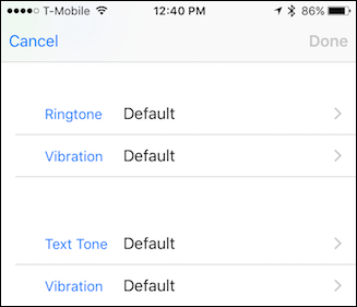Опции рингтона и текстового тона в карточке контакта