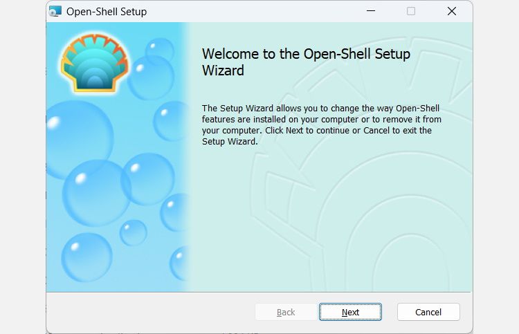Окно установки Open-Shell — экран приветствия мастера установки