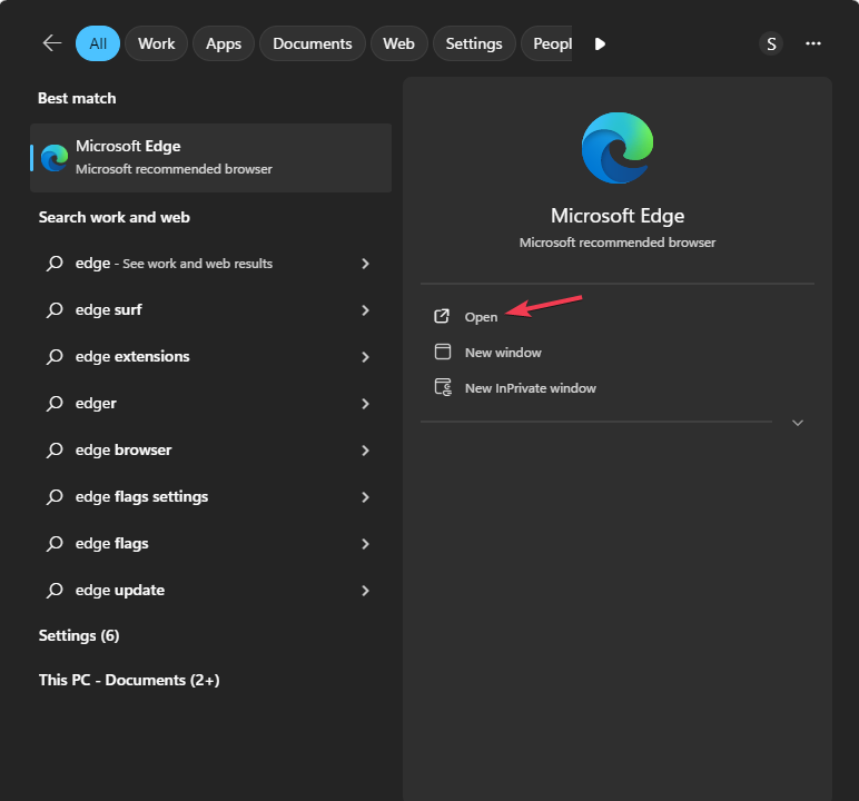 Окно запуска Microsoft Edge