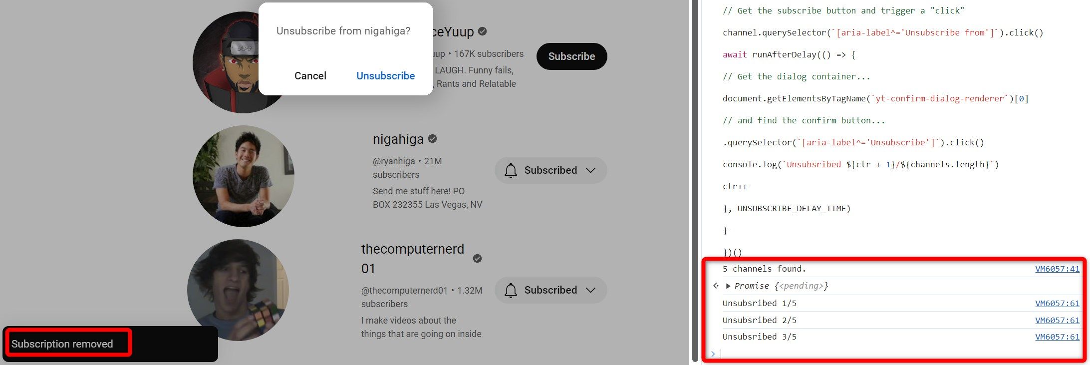 Скрипт автоматически отписывает каналы и сообщает о прогрессе.