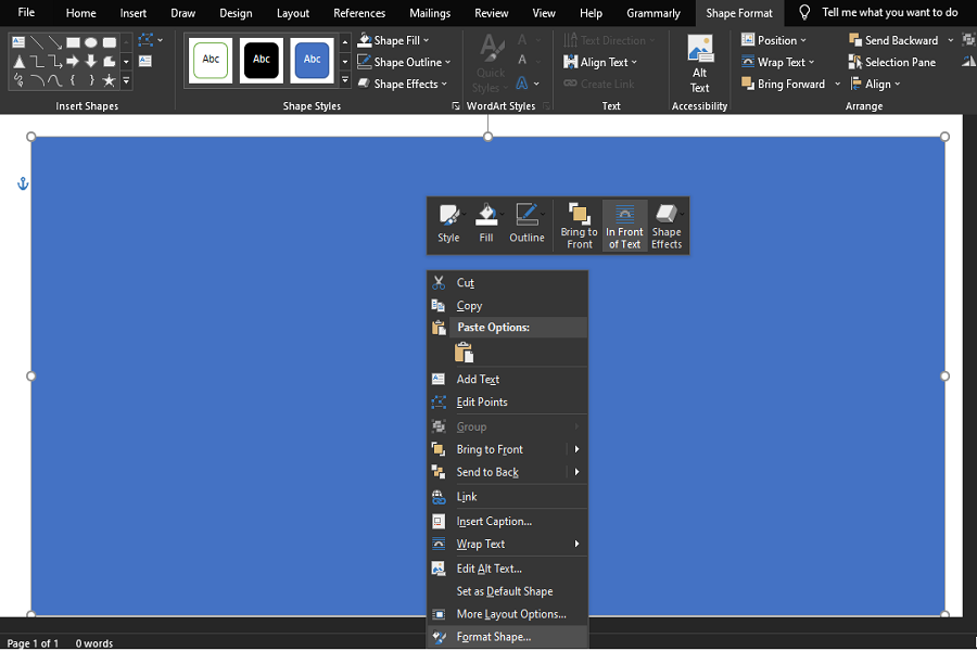 Открытие панели Формат фигуры в Microsoft Word