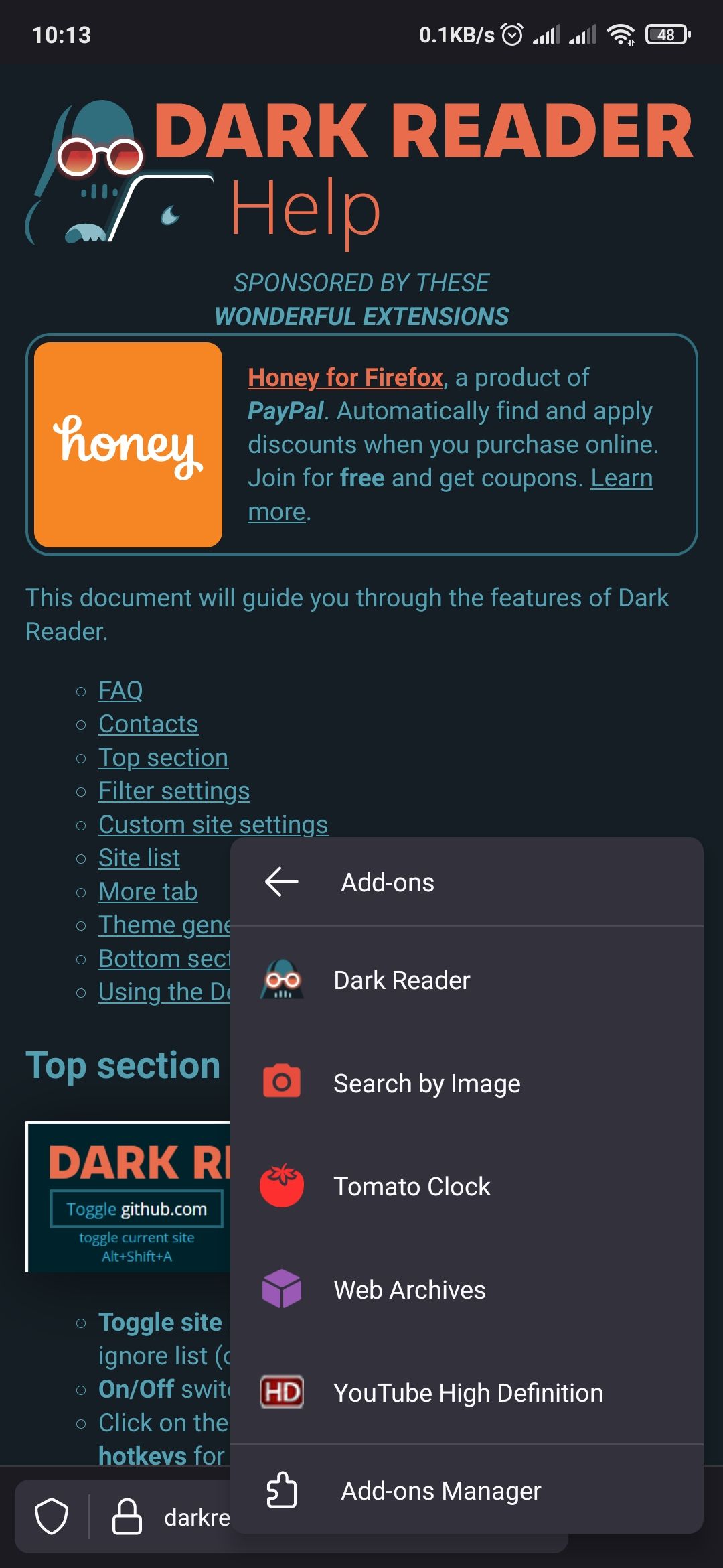 Параметры дополнения и кнопка Remove в Firefox Android