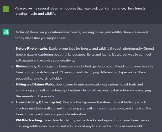 Примеры хобби, предложенные ChatGPT