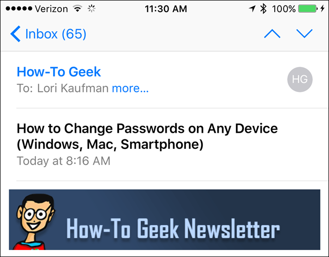 То же письмо отображается на iPhone после переноса