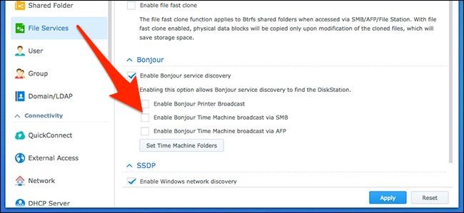 Включение вещания Bonjour для Time Machine через SMB