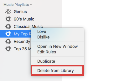 Удаление умного плейлиста в iTunes, контекстное меню Delete from Library