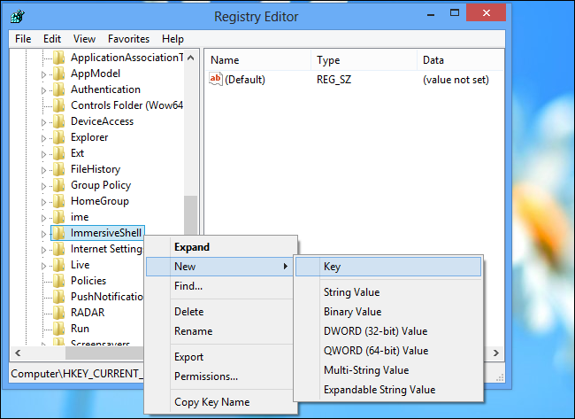 Скриншот: создание ключа в редакторе реестра