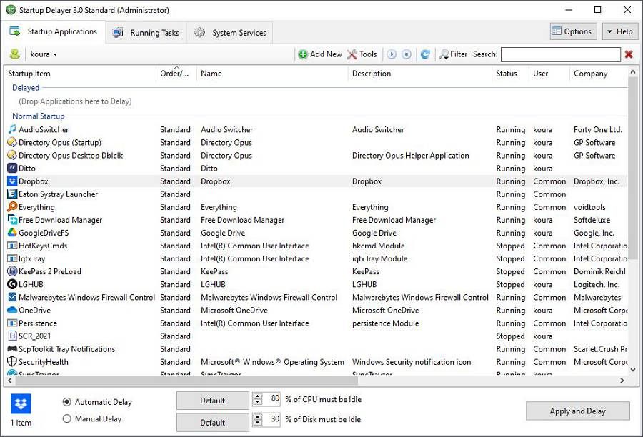 Configuring automatic delay from Startup delayer's main window.